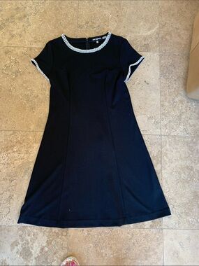 Black Short Sleeve Mini Dress with Pearl Trim